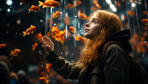 Girl looks at goldfish in tank.
исполнение желаний
