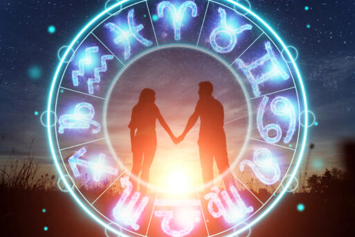 Horoscope concept, couple guy and girl on the background of a circle with the signs of the zodiac, astrology. Conceptual photo of a couple with perfect match between the signs of the zodiac
Гороскоп отношений