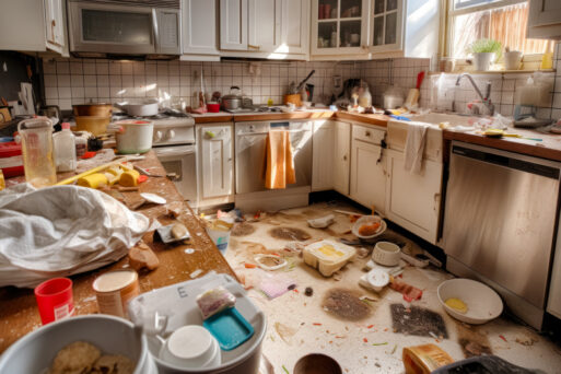 Messy kitchen with lot of clutter on the floor and dishes on the counter. Generative AI.