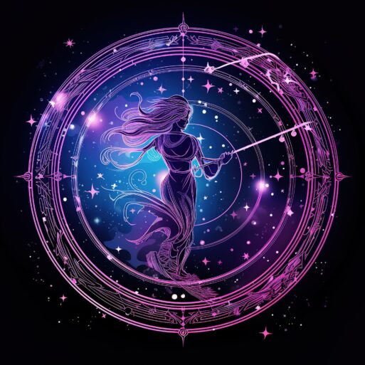 Sagittarius, zodiac, universe, full of stars, black background with astrological disk sketch as background, purple, blue, pink tone 
гороскоп
астрология