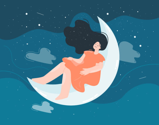 Smiling woman in calm sleep on moon in night sky. Cartoon person sleeping, dreaming or relaxing flat vector illustration. 
Сны сновидения