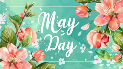 A floral background with apple blossoms and leaves on a pastel green background with the text "May Day" centered in white calligraphy font on top of an empty light blue rectangle. The digital illustration is in a vector art style with high resolution and detail in the watercolor and pastel cute style. 