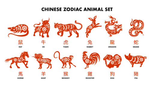Chinese zodiac animals red set of rabbit dog monkey pig tiger horse dragon goat snake rooster ox rat isolated cartoon vector illustration
Китайские знаки зодиака