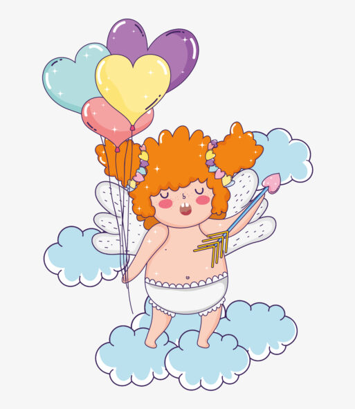 cupid with arrow and hearts balloons in the clouds vector illustration
Купидон