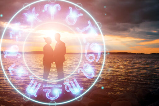 Horoscope concept, couple guy and girl on the background of a circle with the signs of the zodiac, astrology. Conceptual photo of a couple with perfect match between the signs of the zodiac
Любовный гороскоп