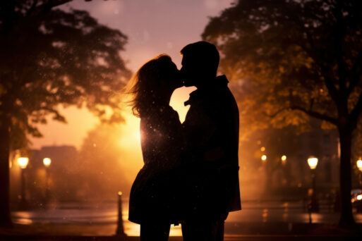 silhouette of a young man and woman kissing stock photo, in the style of bokeh panorama, uhd image, site-specific, nightscape, sketchfab, simple
романтика